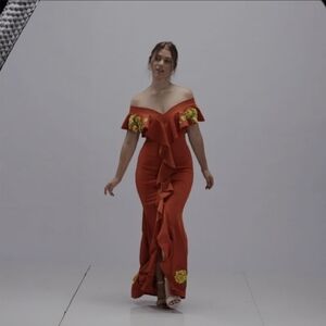 Orange Off-Shoulder Ruffle Dress with Yellow Floral Accents